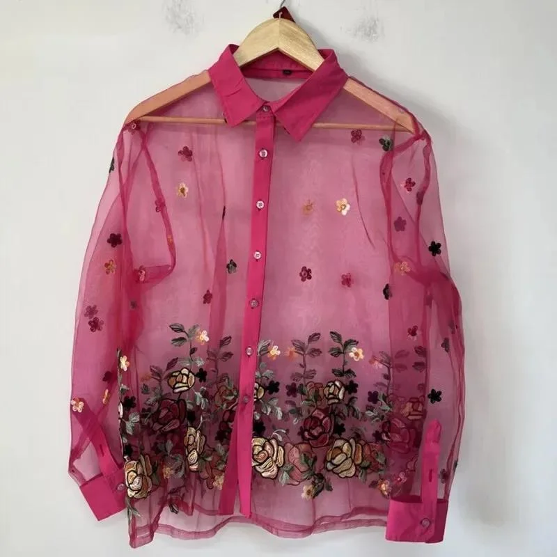 Rose Embroidery Sheer Organza Niche Design Loose-fitting Versatile Men's Shirt 2026 Summer New Fashion Menswear LU7RF