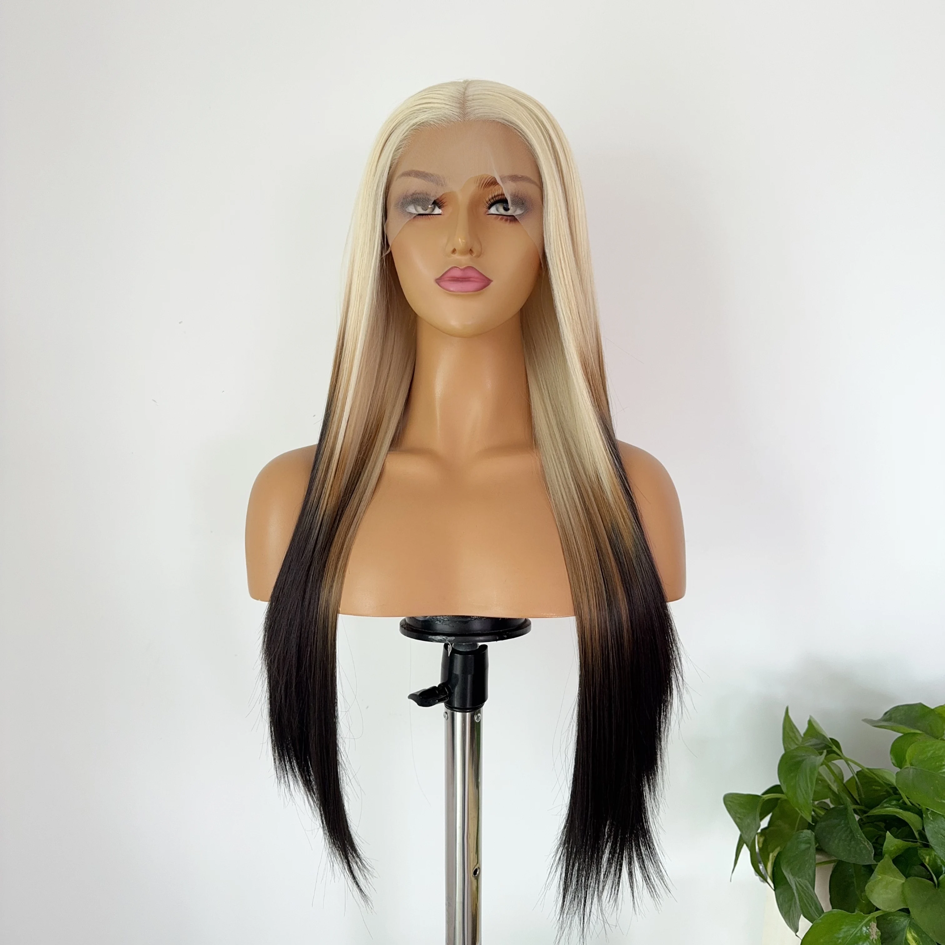 オンブレブラウンゴールドレースウィッグ 女性用 26インチ HDロングストレート 13×4 ナチュラルフロントレース 高品質合成繊維 コスプレ用