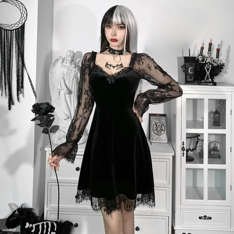 Gothic Lolita Girl Lace Trim Velvet A-Line Dress Women Sexy Perspective Long Sleeve V Neck Slim Mini Dress Cosplay Party Costume