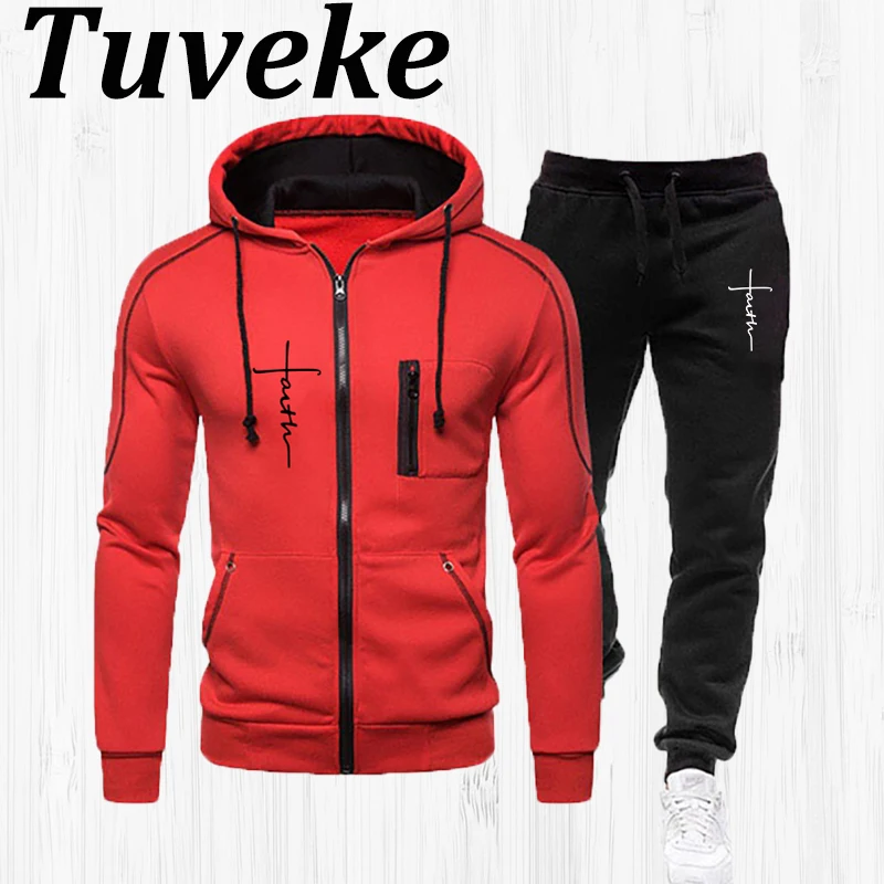 

Tuveke Brand Men's Casual Faith Print Collection Fashion Hooded Drawstring Fleece Warm Solid Color Loose Versatile Sports Suit