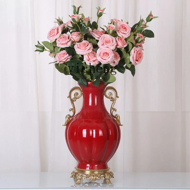 HP6.8  ceramic with copper binaural vase model room living room dining table decorative flower arrangement high-end pendulum