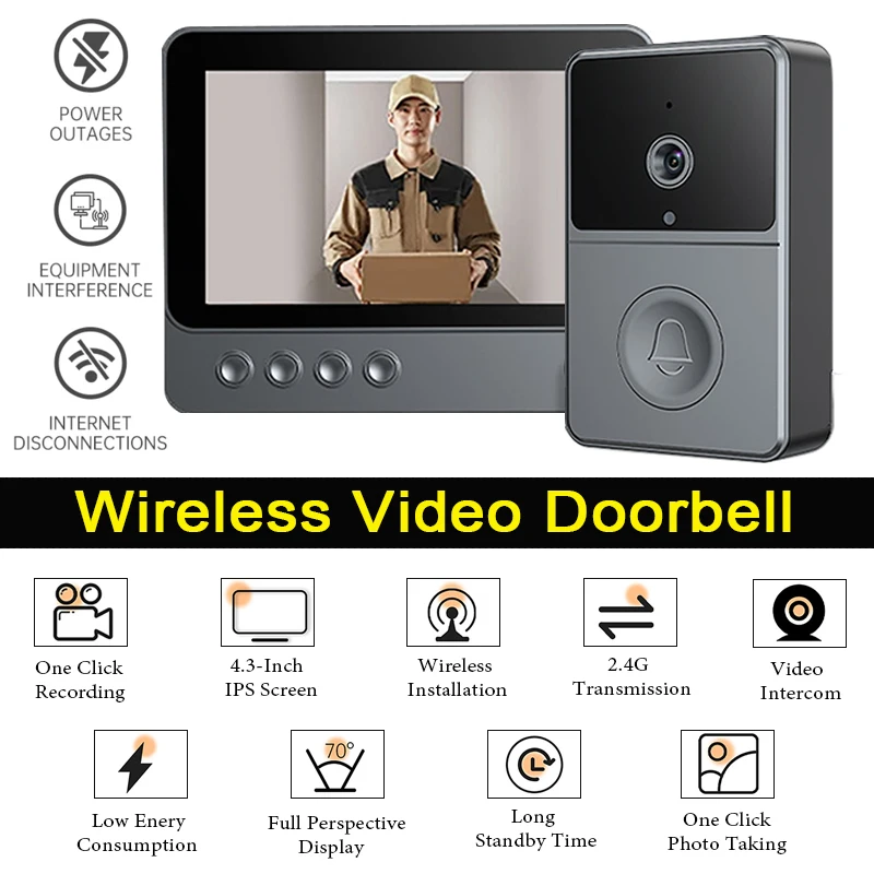 Campainha de vídeo sem fio 4.3 Polegada tela ips áudio vídeo campainha gravação automática de fotos visão noturna campainha da porta de voz em dois sentidos