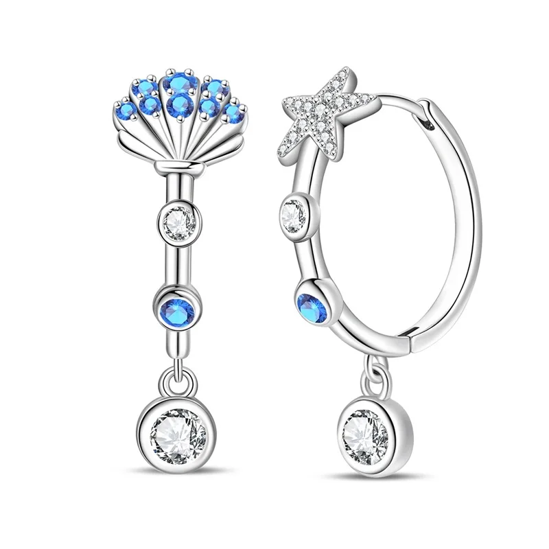 Pendientes de Aro de Plata de Ley 925 con Estrella de Mar Azul y Circonitas Brillantes, Joyería Fina para Mujer, Regalos de Cumpleaños y Aniversario