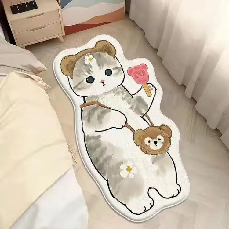 Vikama Cat Rug  For Bedroom,Cute and Funny Kids Pets Rug Modern Printed White Irregular Shape Cartoon Imitation Cashmere Carpet