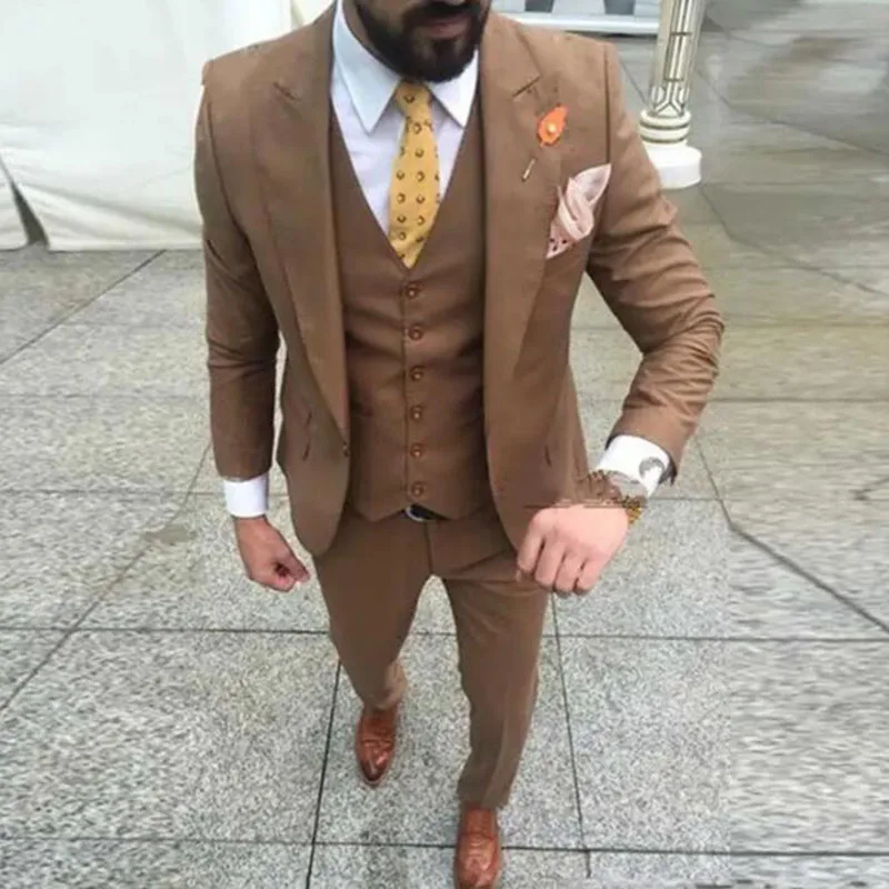 

Slim Fit Brown Groom Suits for Men Peaked Lapel Men's Wedding Dress Excellent Man Jacket Blazer 3 Piece Suit (Jacket+Pants+Vest)
