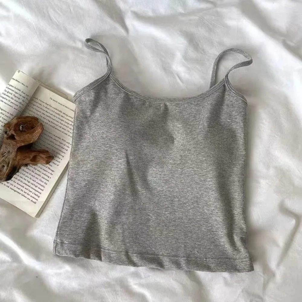 

New Solid Color Sleeveless Slim Camisole with Chest Pad Wear Outside Short Tops Vests Sport Vest Women
