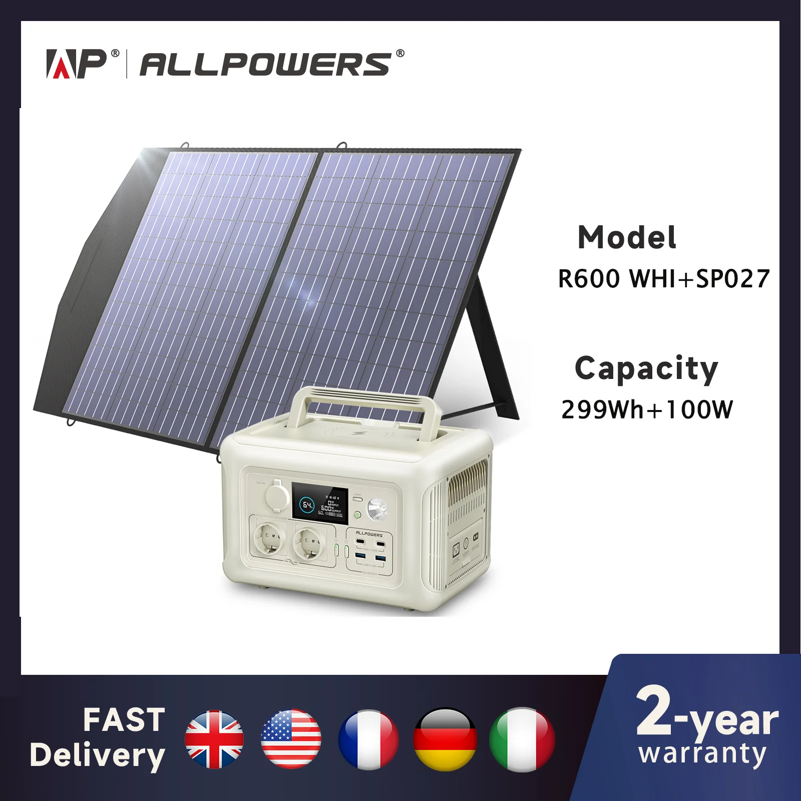 ALLPOWERS R600 Portable Power Station with Solar panel 100W , 600W 299Wh LiFePO4 Solar Generator UPS Battery Backup MPPT for RV