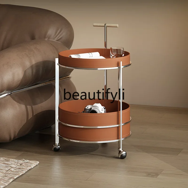 

Italian minimalist saddle leather sofa edge few stainless steel movable high-end small coffee table