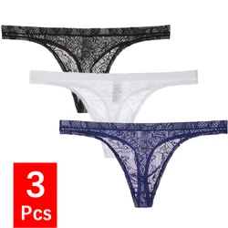 Tanga de encaje transparente para hombre, ropa interior Sexy, Tanga transparente, Bikini, bragas con parte trasera en T, 3 unidades por lote