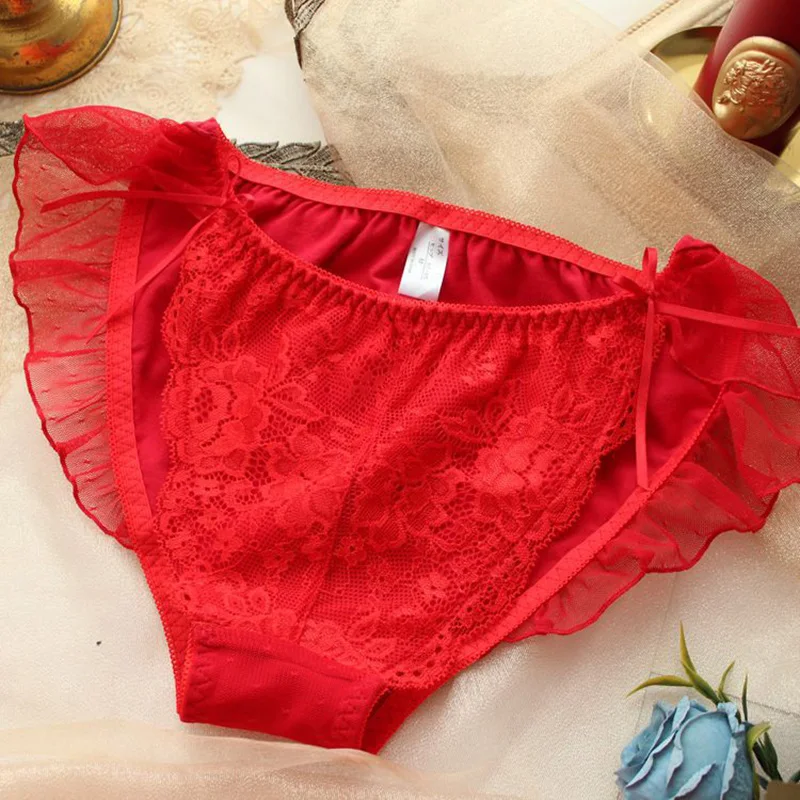 Big Lingerie Mid Waist Red Underwear Women Sexy Lace Briefs High Quality Lovely Bowknot Large Sizes Panties 5XL 6XL