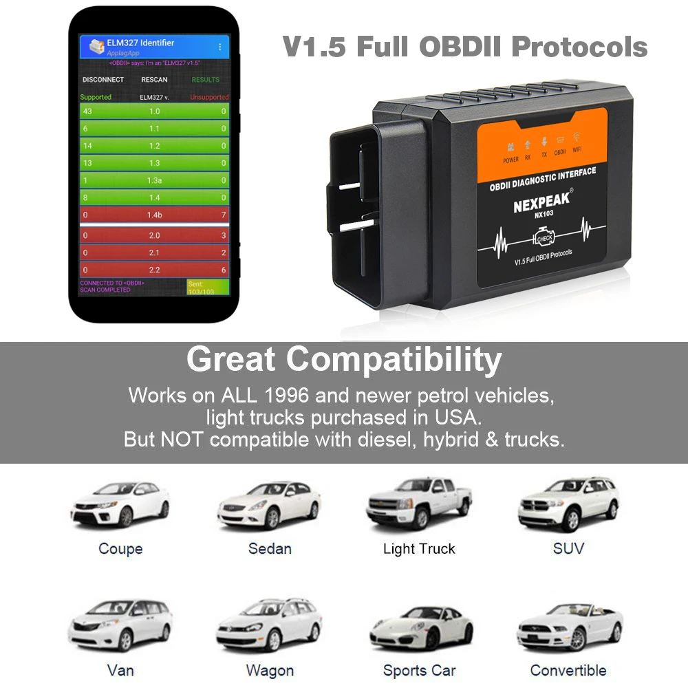 Nextop NX103 ELM327 V1.5 واي فاي OBD2 محول PIC18F25K80 OBD 2 الماسح الضوئي سيارة أداة تشخيص الماسح الضوئي OBD آيفون IOS أندرويد