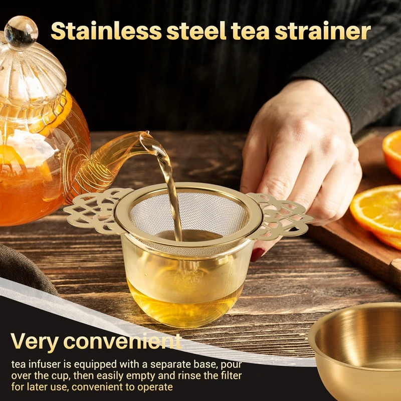 طقم شاي مصفاة شاي من الفولاذ المقاوم للصدأ مع وعاء تنقيط، سهل التنظيف، أداة مطبخ معلقة على شكل أوراق فضفاضة