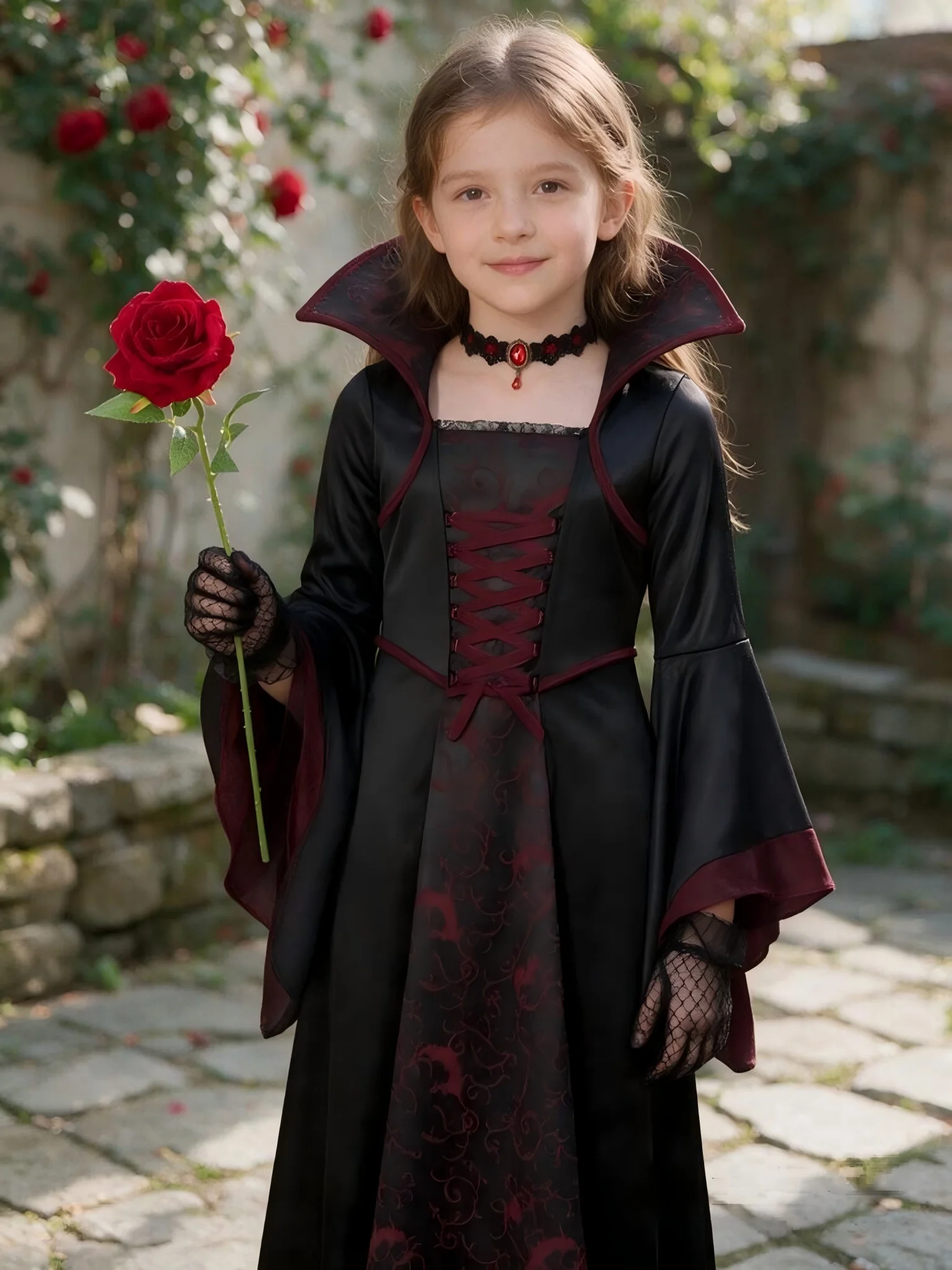 Girls Dark Queen Witch Costume Long Sleeve Elegant Black Gown Halloween Party Cosplay Vintage Vampire Fancy Dresses