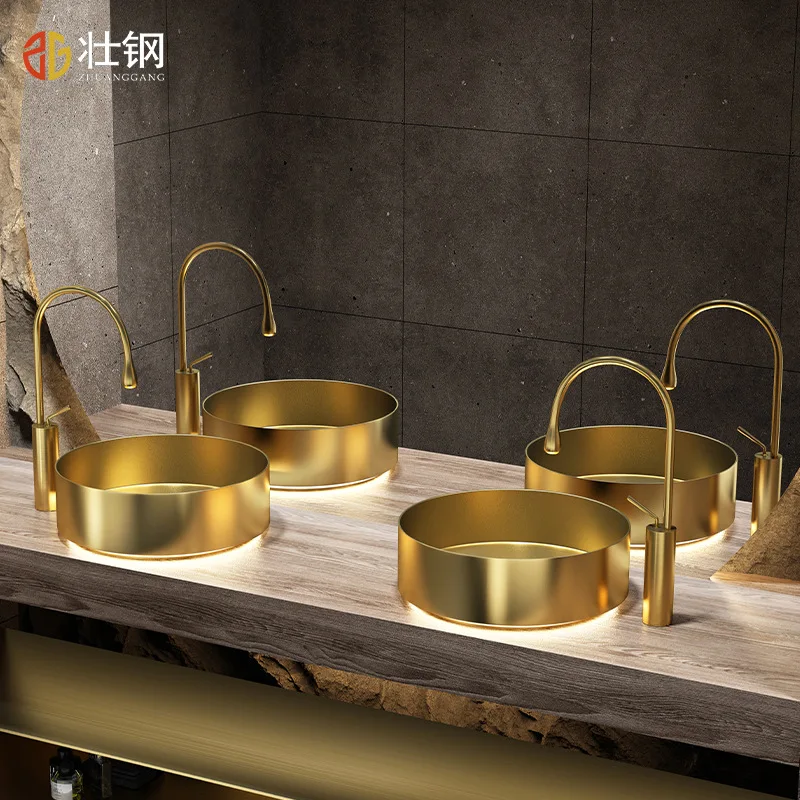 400*150mm Round Top Quality wash basin SUS304 Stainless steel hand basin Luxury washbowl Bathroom sink with light Lavabo,Gold