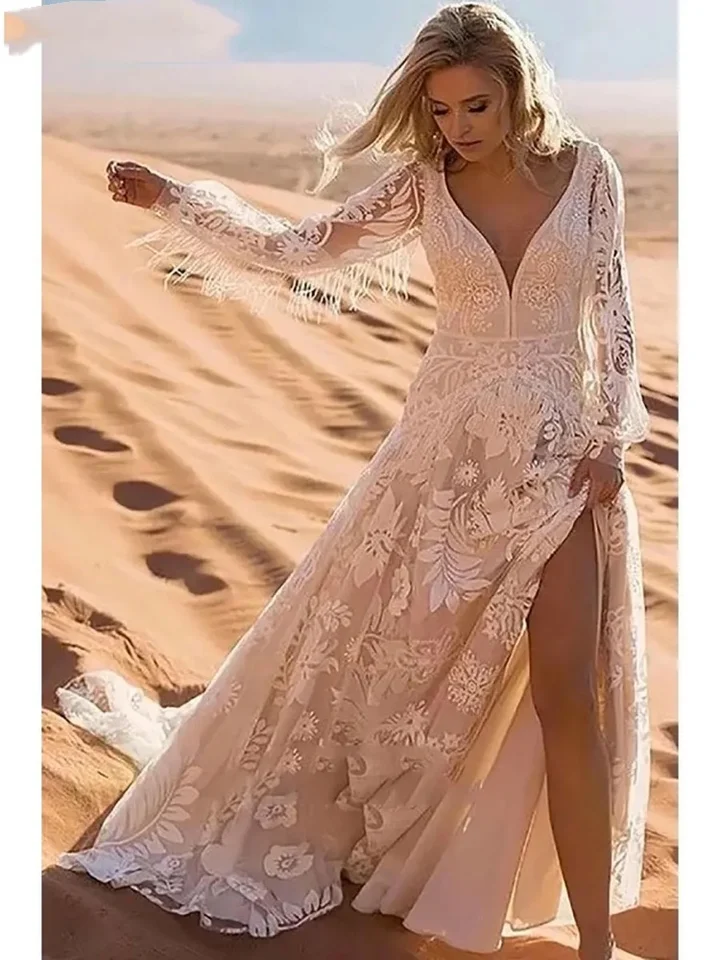 Customized Boho lantern Long Sleeves Lace Allover Elopement Wedding Dress  A-Line V-Neck Tassel Boho Beach Modest Bridal Gowns - AliExpress 320
