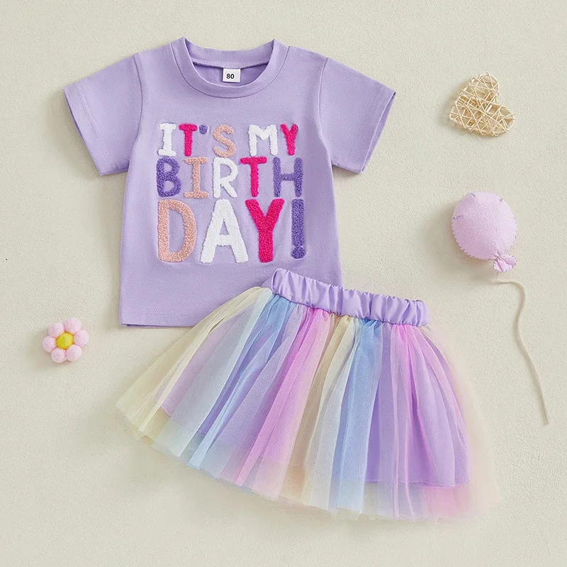 2-7 Year Old Baby Girl Birthday Outfit Short Sleeve 3D Letters T-shirt Rainbow Tutu Skirt Toddler Girl Summer Clothes Party Gift