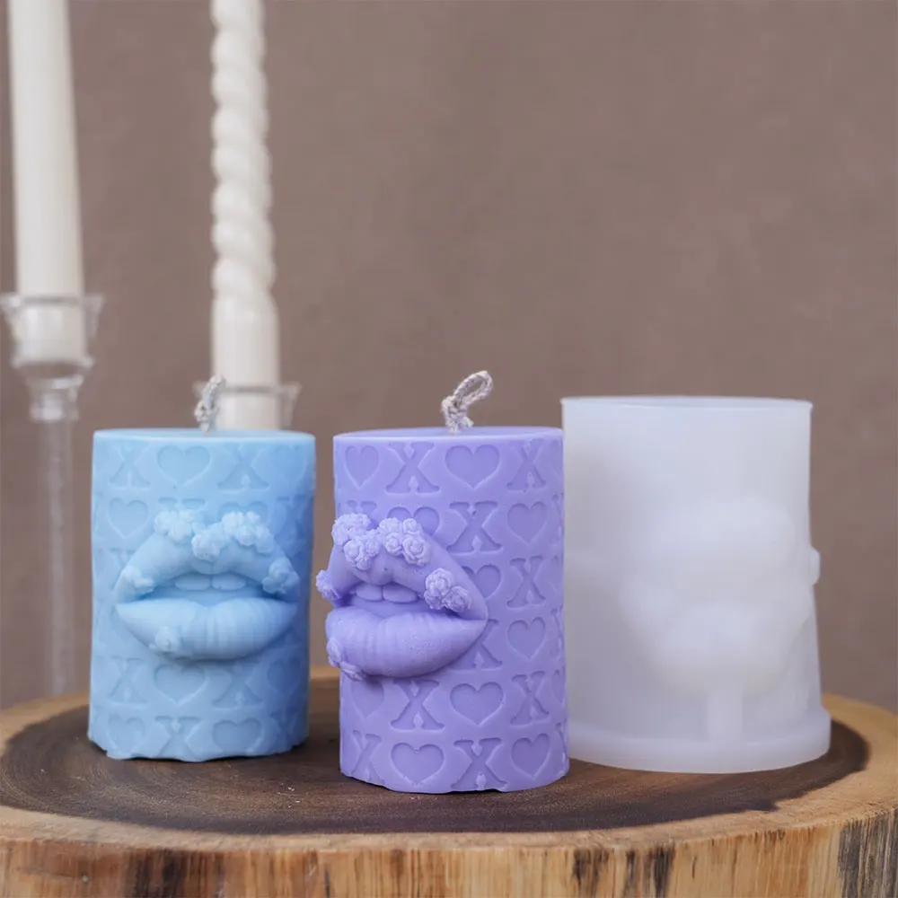 الإغاثة زهرة الشفاه شمعة قالب من السيليكون الحب إلكتروني الطباعة جولة عمود رائحة شمعة الجبس ل ضوء الشموع ديكور هدايا الزفاف