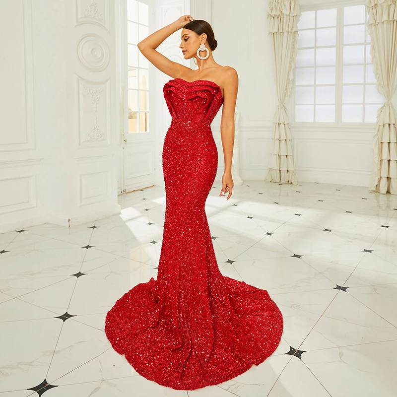 2024 Summer Clothes Women Strapless Backless Red Sequined Wedding Brides Cocktail Prom Evening Party Long Mermaid Dresses