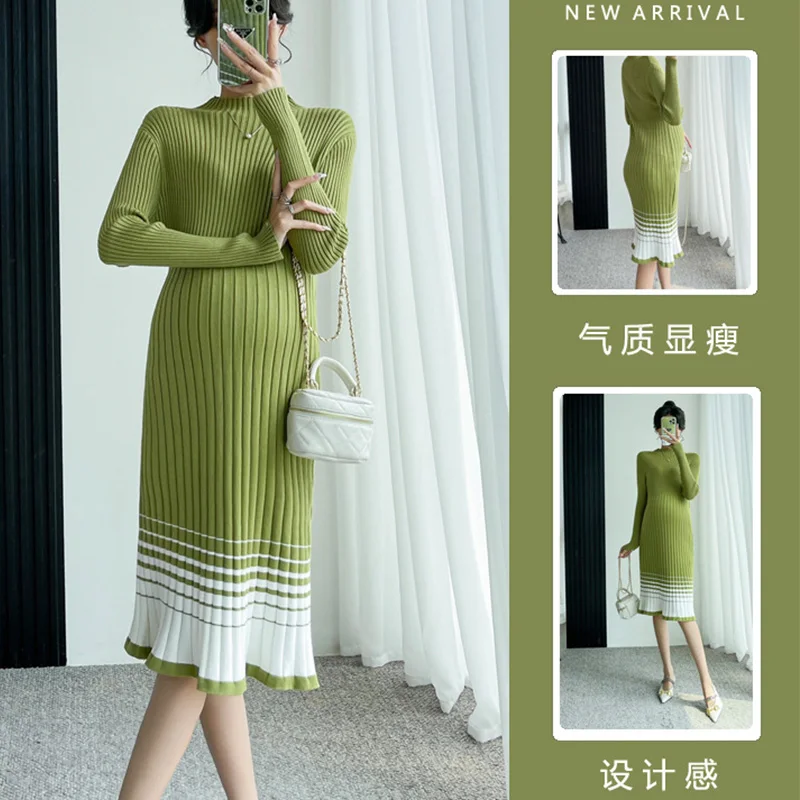 Women Maternity Autumn Winter Knitted Long Sweaters Chic Ins Elegant A Line Slim Dress Clothes for Pregnant Women Pregnancy