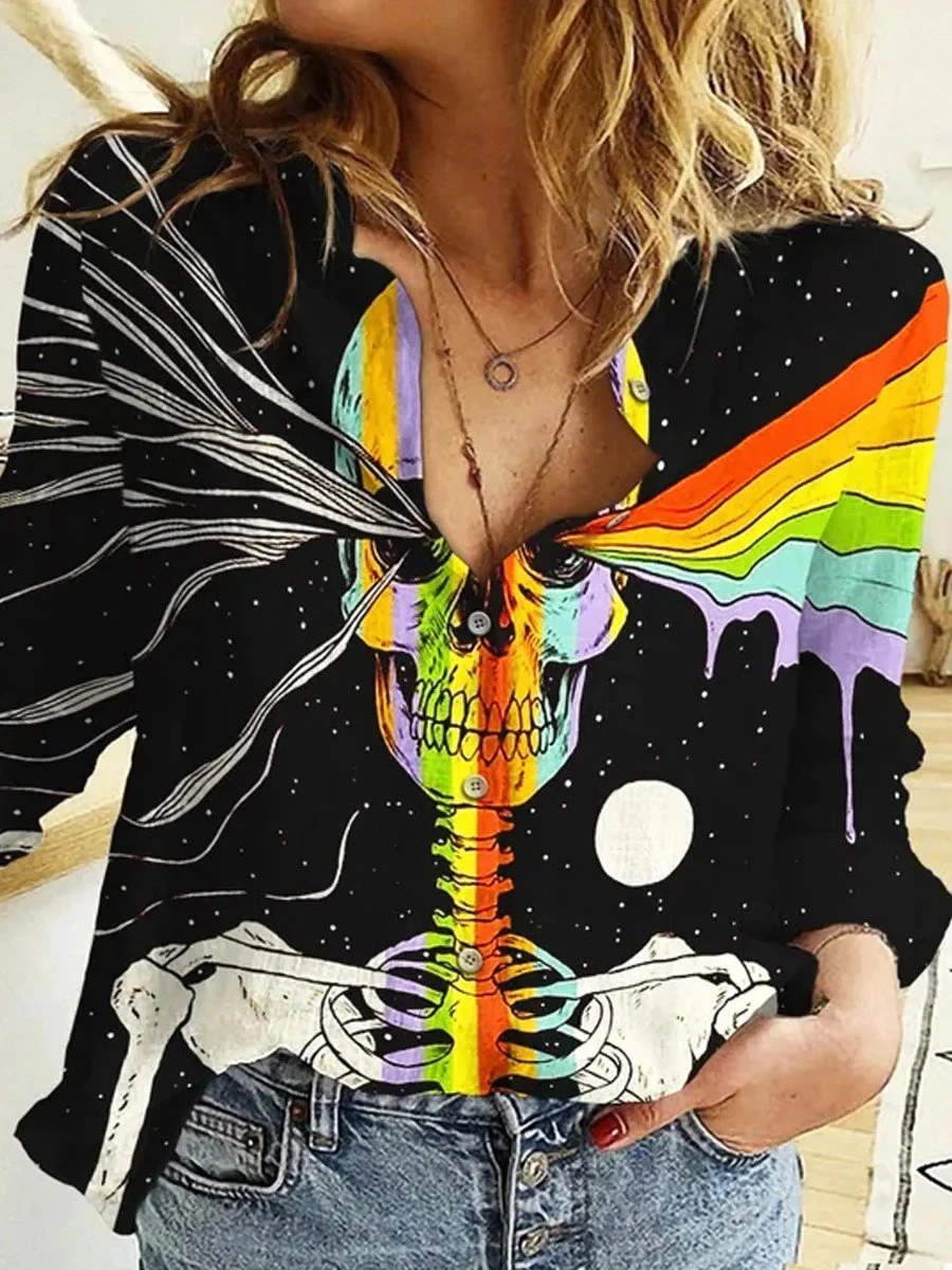 Women's Rainbow Skull Casual Shirt 3D Printed Button-down Shirt Casual Unique Streewear