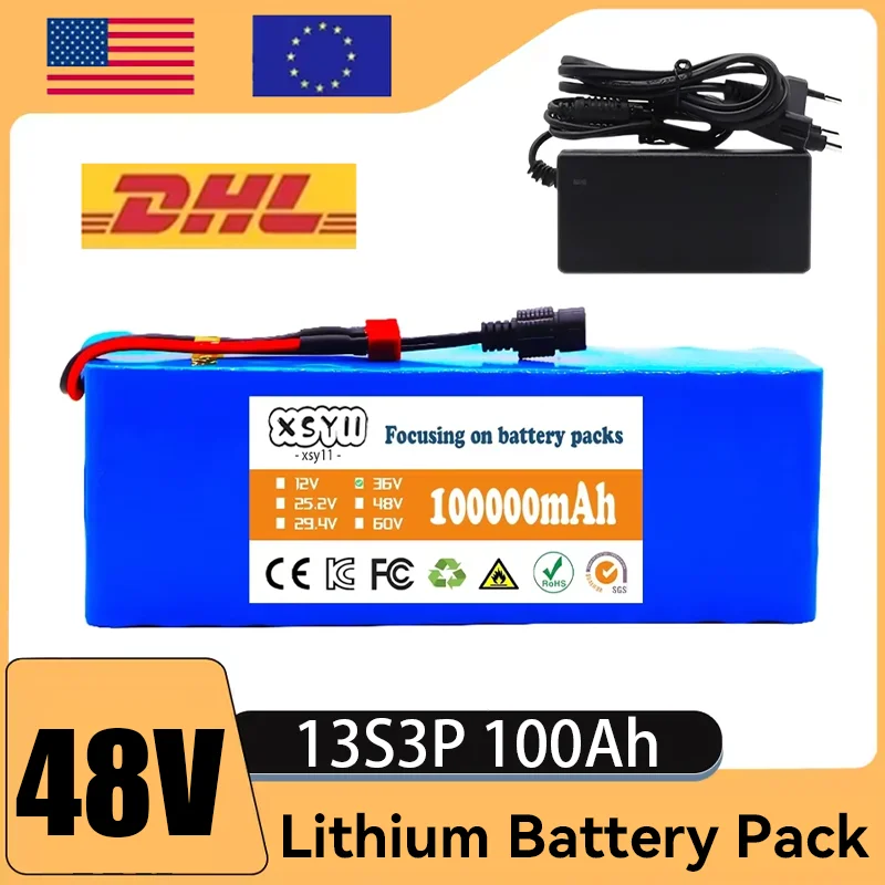 48V 100Ah 18650 Rechargeable Lithium Battery Pack 13S3P 500W Power 48v 100ah Battery 48v Lithium Battery with BMS