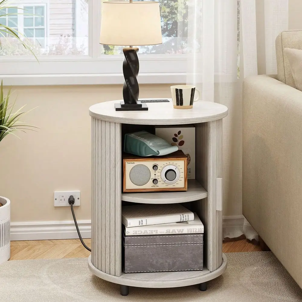 

Fluted Round End Table Set Of 2, Mid Century Bedside Table With Sliding Door 2 Tier Storage, Modern Nightstands Set Of 2 For Li