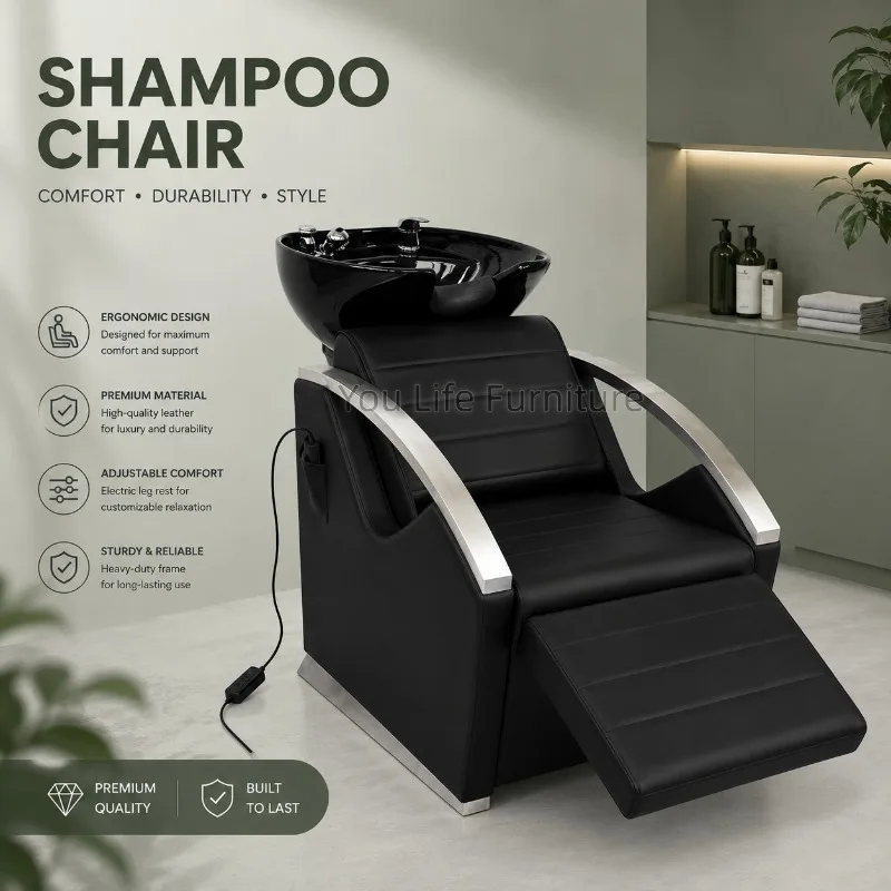 Electric Shampoo Chair with Ceramic Bowl Hair Washing Chair with Massage Durable Salon Shampoo Bed with Adjustable Footrest