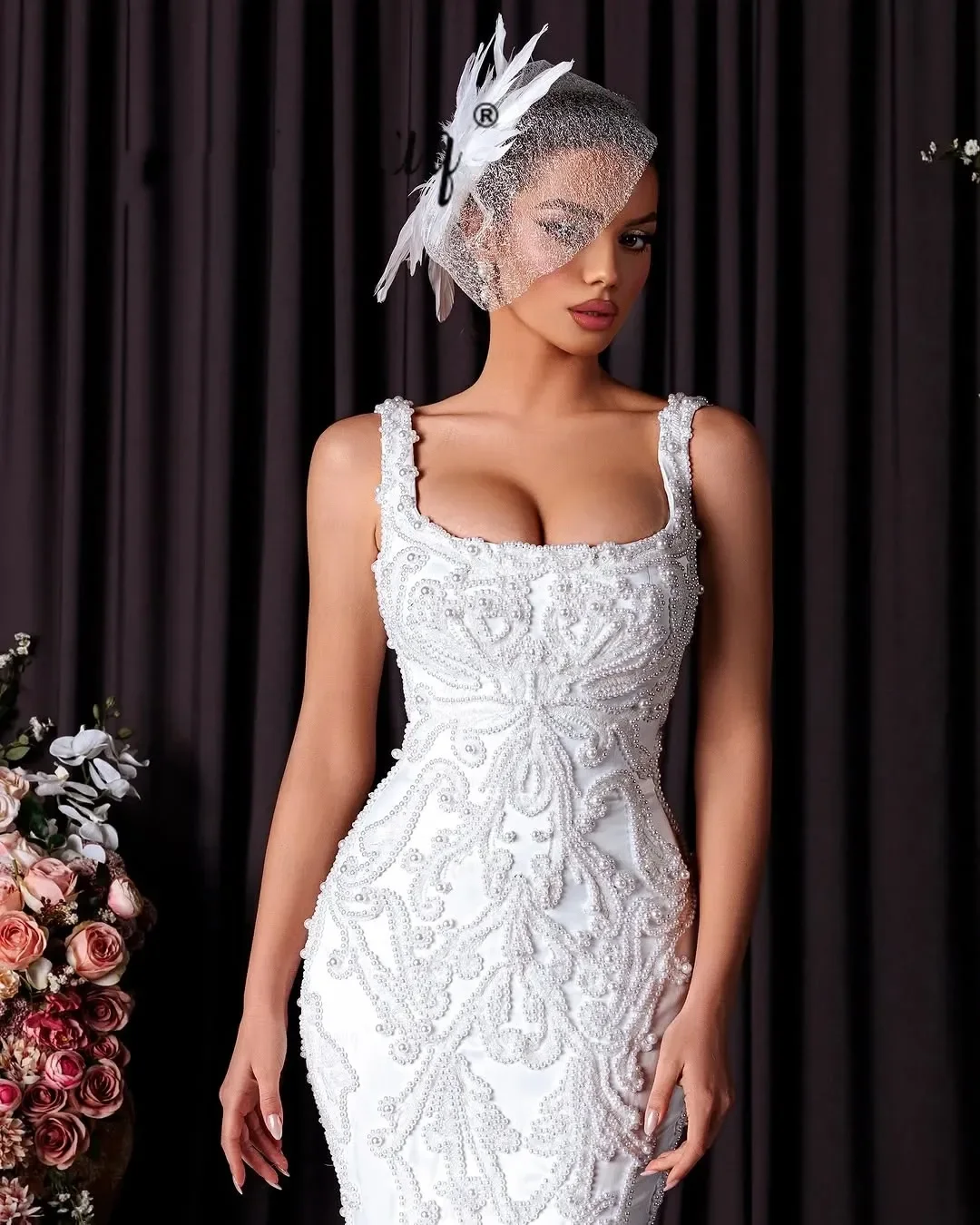 Customized Spaghetti Straps Sparkly Pearls Beads Mermaid  Wedding Dress Vestidos Noivas Handmade Flowers Luxury  Bridal Gown