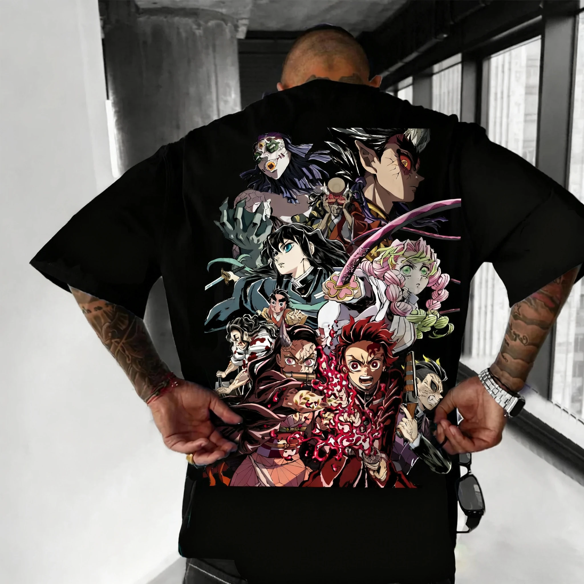 Dämon Slayer Co-branded männer T-shirt Sommer Neue Anime Gemalt Druck Japanischen Harajuku Casual Lose Familie Kurzarm top