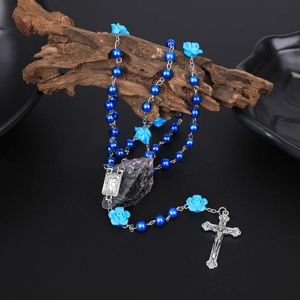 Religion Rosary Necklace For Women 6MM Imitation Pearl Long Chain Virgin Mary Jesus Cross Pendant Men Christian Prayer Jewelry