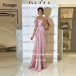 Verngo Blush Pink Long Prom Dresses Off the Shoulder Satin Sleeves Pleats Dubai Arabic Women Party Formal Prom Gown Customized