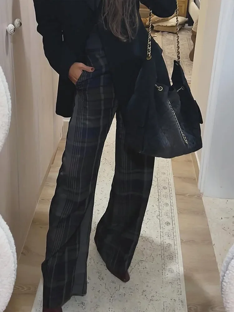 Plaid Patchwork Hose Frauen Set Skew-kragen Langarm Asymmetrische Tops Breite Bein Hosen 2026 Herbst Frühling Casual Straße dame Anzug