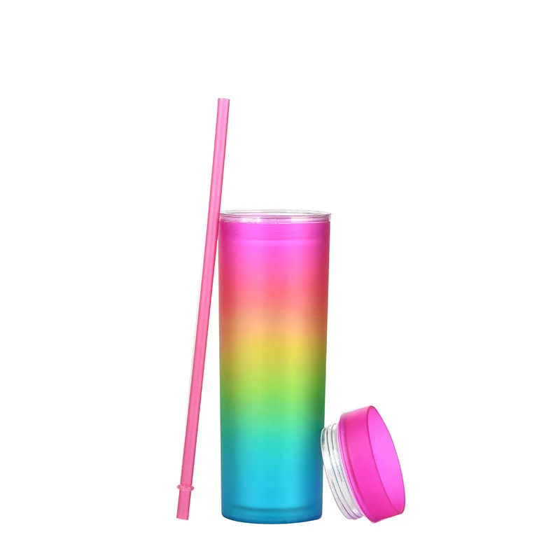 

16Oz Gradient Rainbow Water Bottles Double Layer Straight Body Skinny Plastic Mug Tumbler Double Wall Plastic Sippy Cup