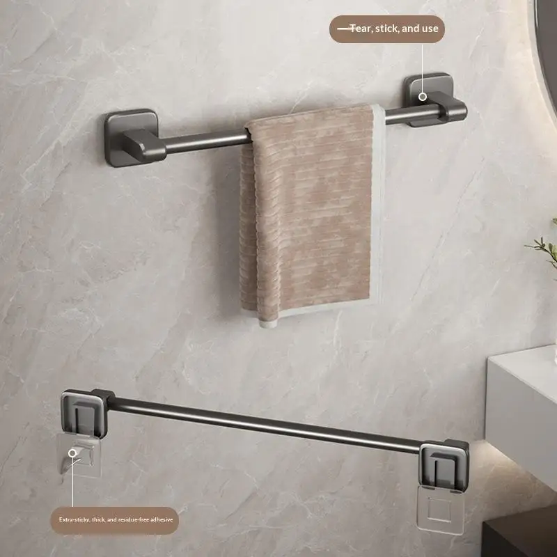 Self Adhesive No Drill Towel Bar Wall Mounted Single Rod Towel Rack Bathroom Hanging Holder For Shower Room Washroom Use