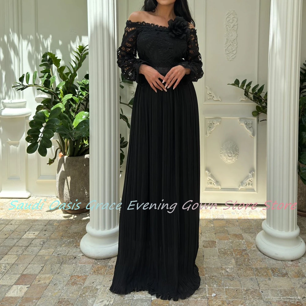 High Quality Lace 3D Flowers Evening Dress A-Line Floor Length Boat Neck Off the Shoulder Long Sleeves Homecoming Gowns