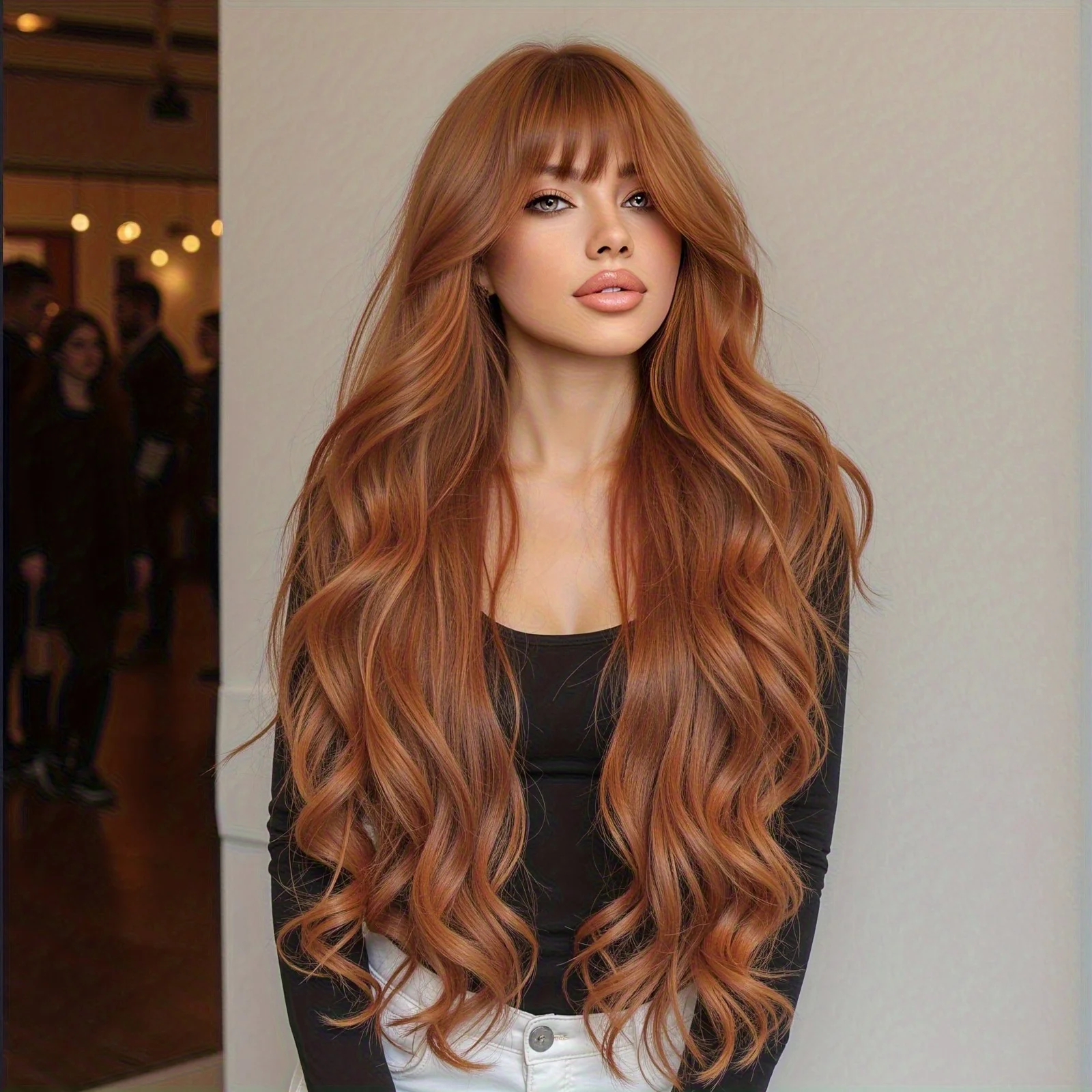 28-inch Women's Long Wavy Wig with Bangs | Voluminous Waves, Mechanical Headband and Rose Hairpiece