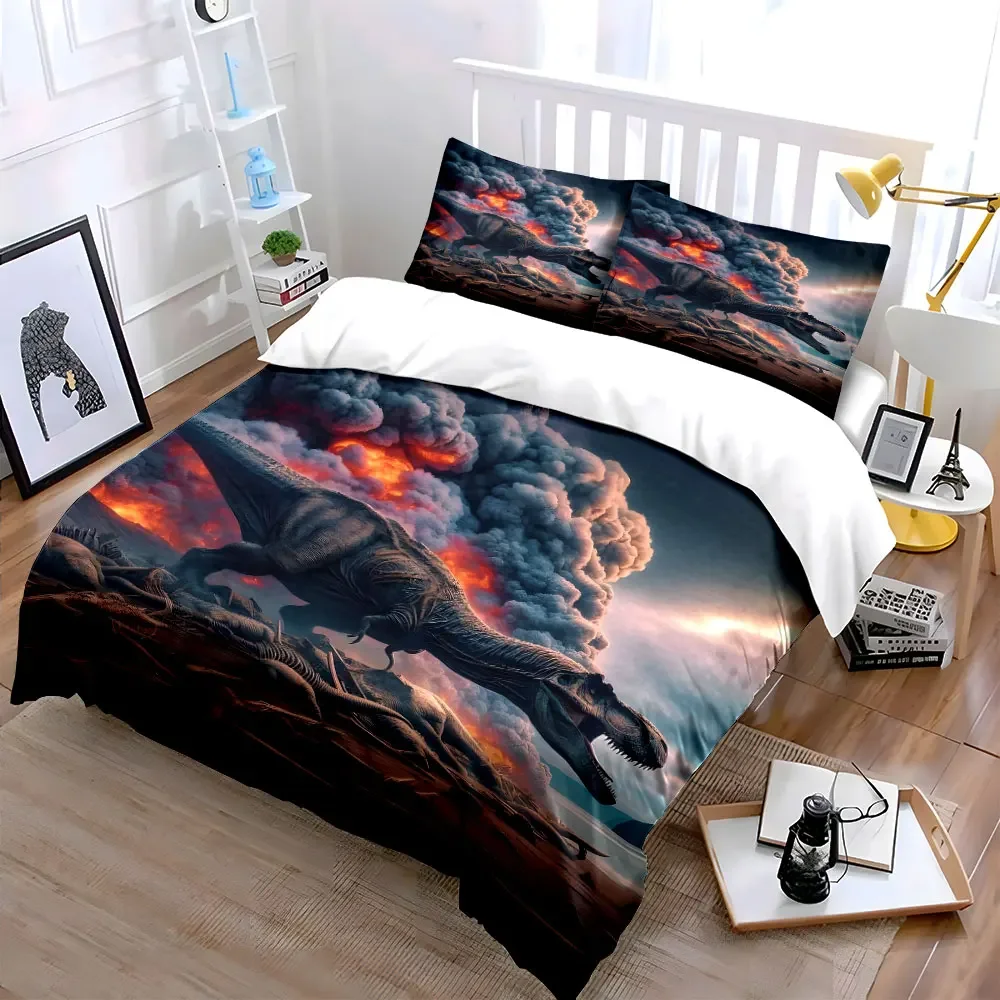 Prehistoric Volcanic T-Rex Bedding Set,Tyrannosaurus Rex with Erupting Volcano and Dinosaur Skeletons Print 3PCs, gifts