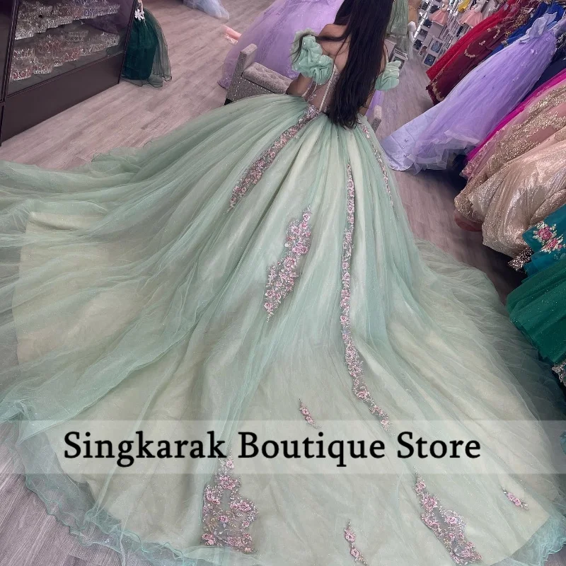 Green Ball Gown Quinceanera Dresses Off Shoulder Applique Crystals Pearls Sweet 16 Prom Exquisite Vestidos De 15 Anos