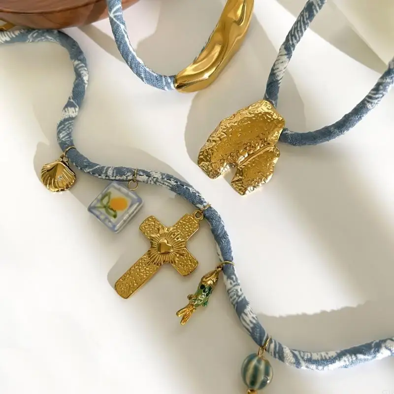  Versatile Layering Cloth Rope Necklace Combined Metal Crosses Charm Jewelry
