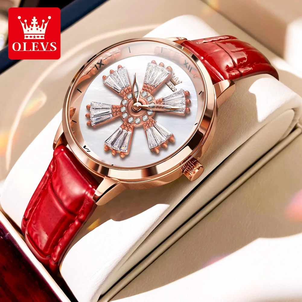 

OLEVS New In Rotation Dial Quartz Watch for Women Leather Strap Fashion Elegant Women's Wristwatch Luxury Ladies Dress Watch Set