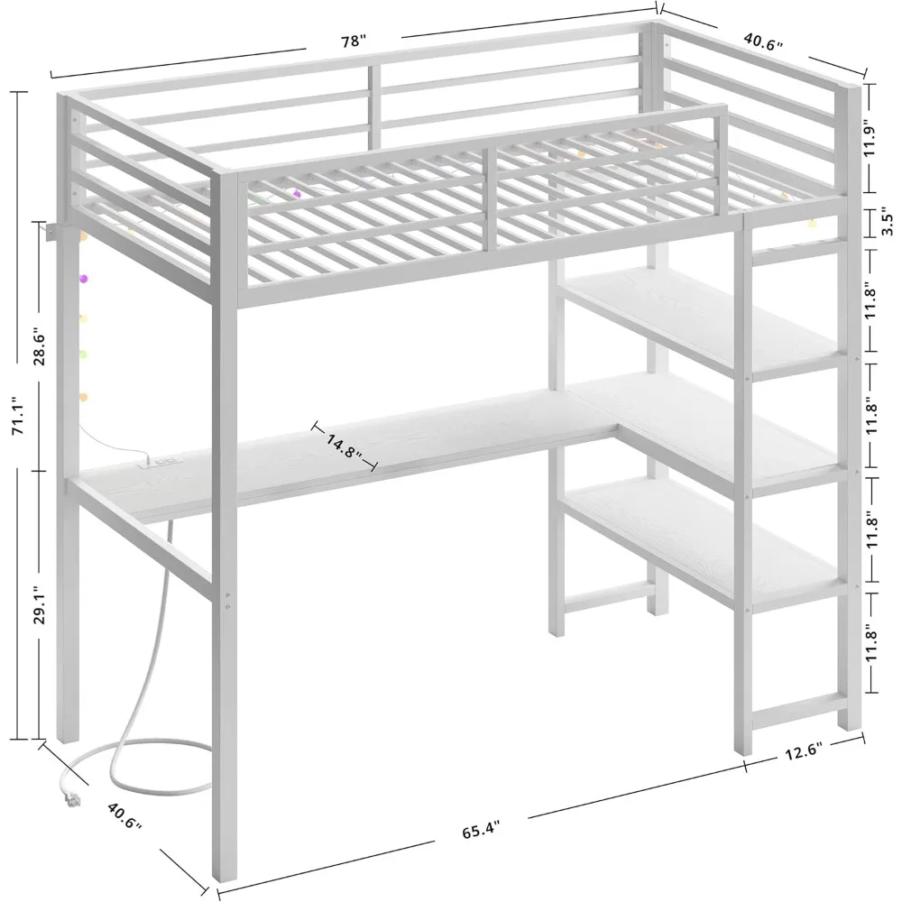 Letto a soppalco Twin Size con scrivania e ripiani a L, struttura letto a soppalco in metallo resistente con presa di corrente e illuminazione a LED, salvaspazio