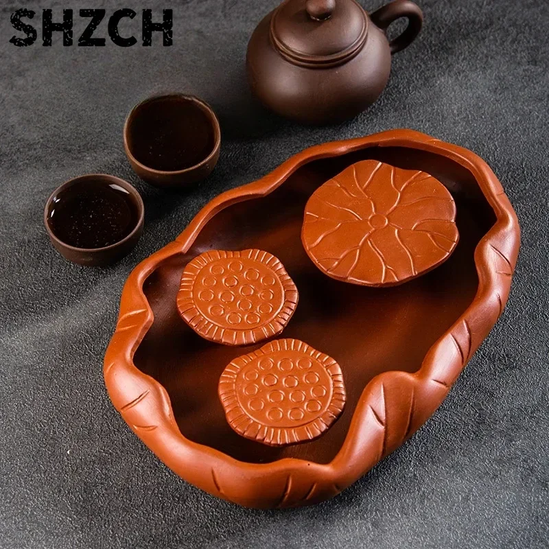 Bandeja té Rectangular Kungfu Puer, diseño loto, bandeja té negra multifuncional con drenaje, arena púrpura china ma