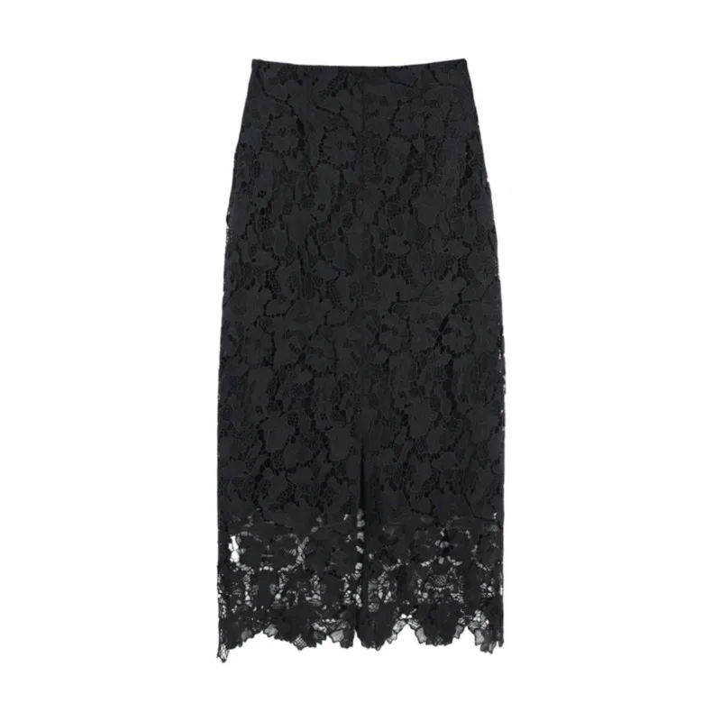 New Fashion Lace Bodycon Skirt Women Summer Elegant Sexy Hollow Out Solid Color Slim Midi Back Split Skirts Soft Jupe