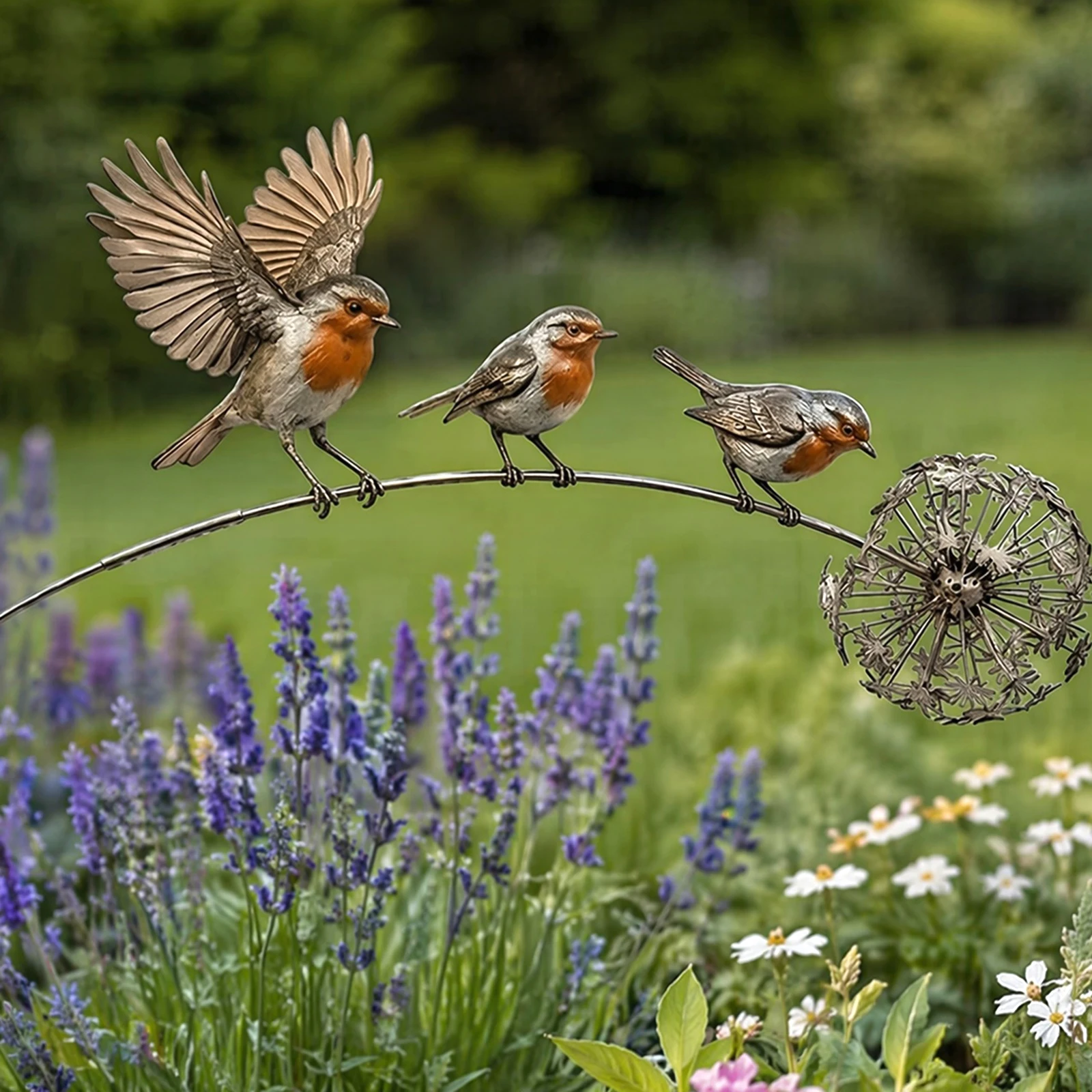 Rustic Robin Bird Yard Art Decoration 3 Robin Birds and Dandelion Design Metal Robin Garden Ornament for Lawn Patio Flower Bed