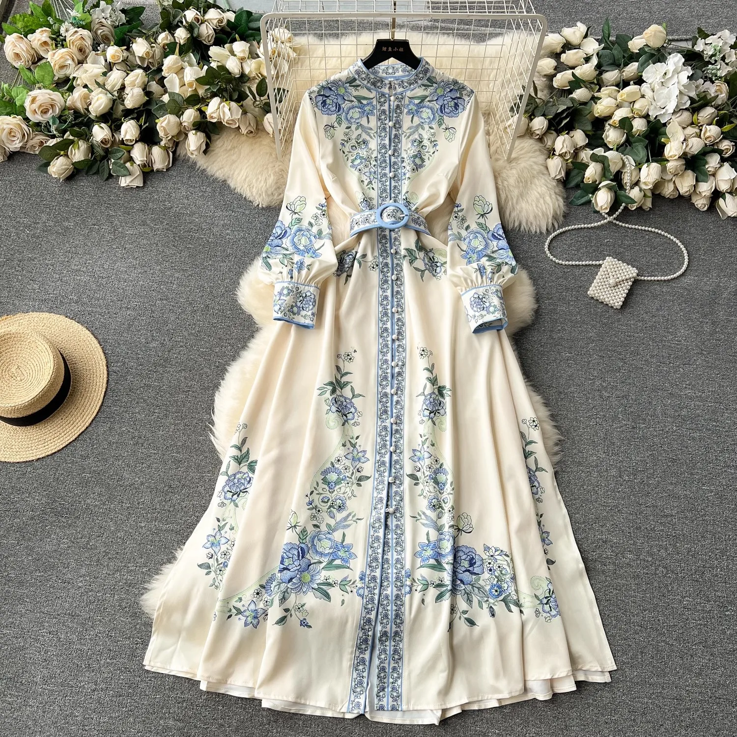 Spring Autumn Runway Women's Stand Collar Long Lantern Sleeve Floral Print Single Breasted Belt Holiday Boho Maxi Robes 2365