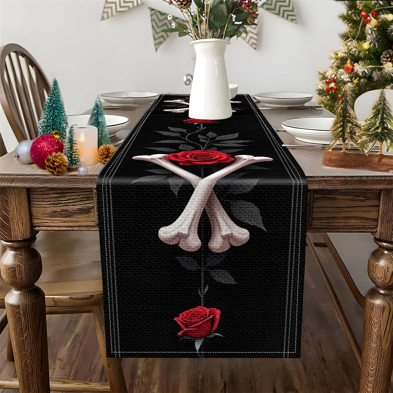 1 Piece of Gothic-Style Rose and Bone Themed Table Runner, Featuring Red Roses and Crossed Bones Design, Suitable for Dark-Themed Parties, Home Decoration, Etc
