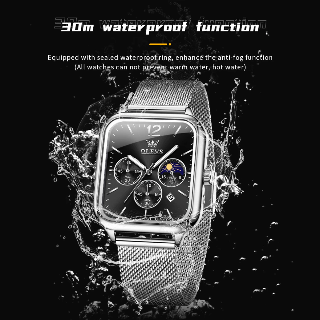 OLEVS 9914 Fashion Quartz Watch Gift Rectangular-dial Stainless Steel Watchband Wristwatch Calendar Luminous Small second