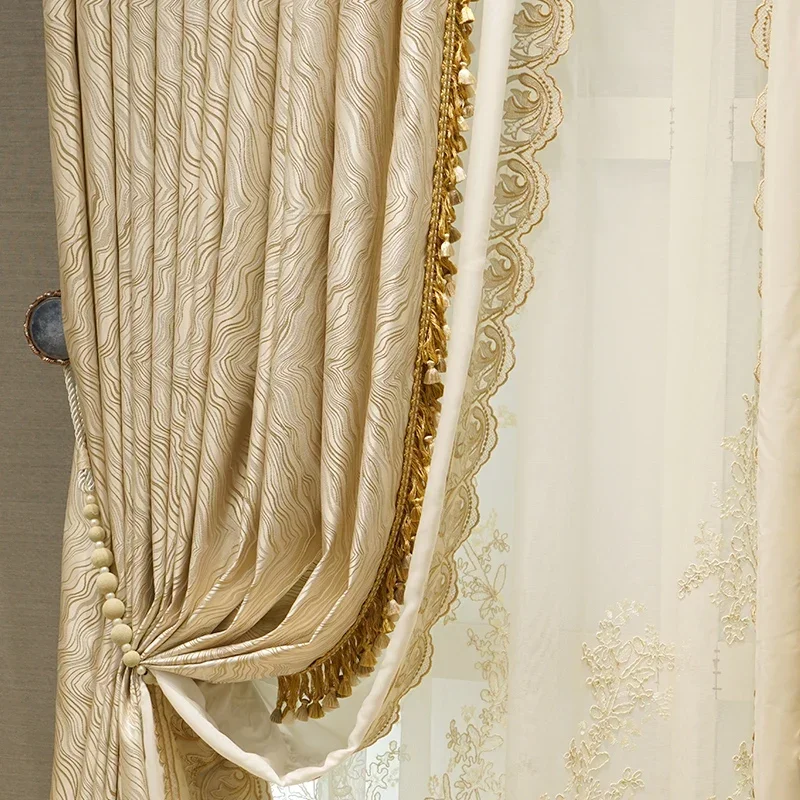 French Modern Luxury Jacquard Curtains for Living Room Bedroom Precision Geometric Beige Lace Curtain Home Custom