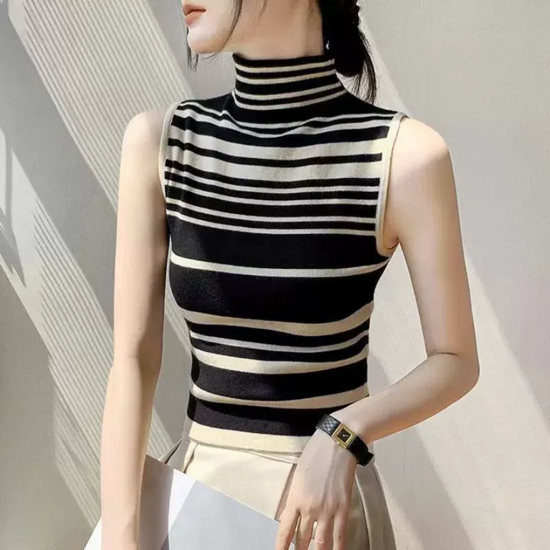 

American retro striped high neck knitted sleeveless women's vest Y2K spicy girl slim fit trendy casual top