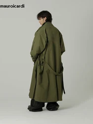 Mauroicardi Spring Autumn Cool Long Army Green Oversized Overcoat Men Sashes Loose Luxury Designer Clothing Cargo Coat 2023